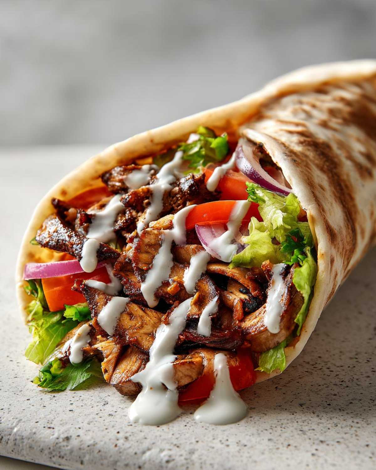 A close-up of a delicious Vegan Mushroom Shawarma wrap filled with seasoned mushrooms, lettuce, tomato, onion, and drizzled with white sauce.