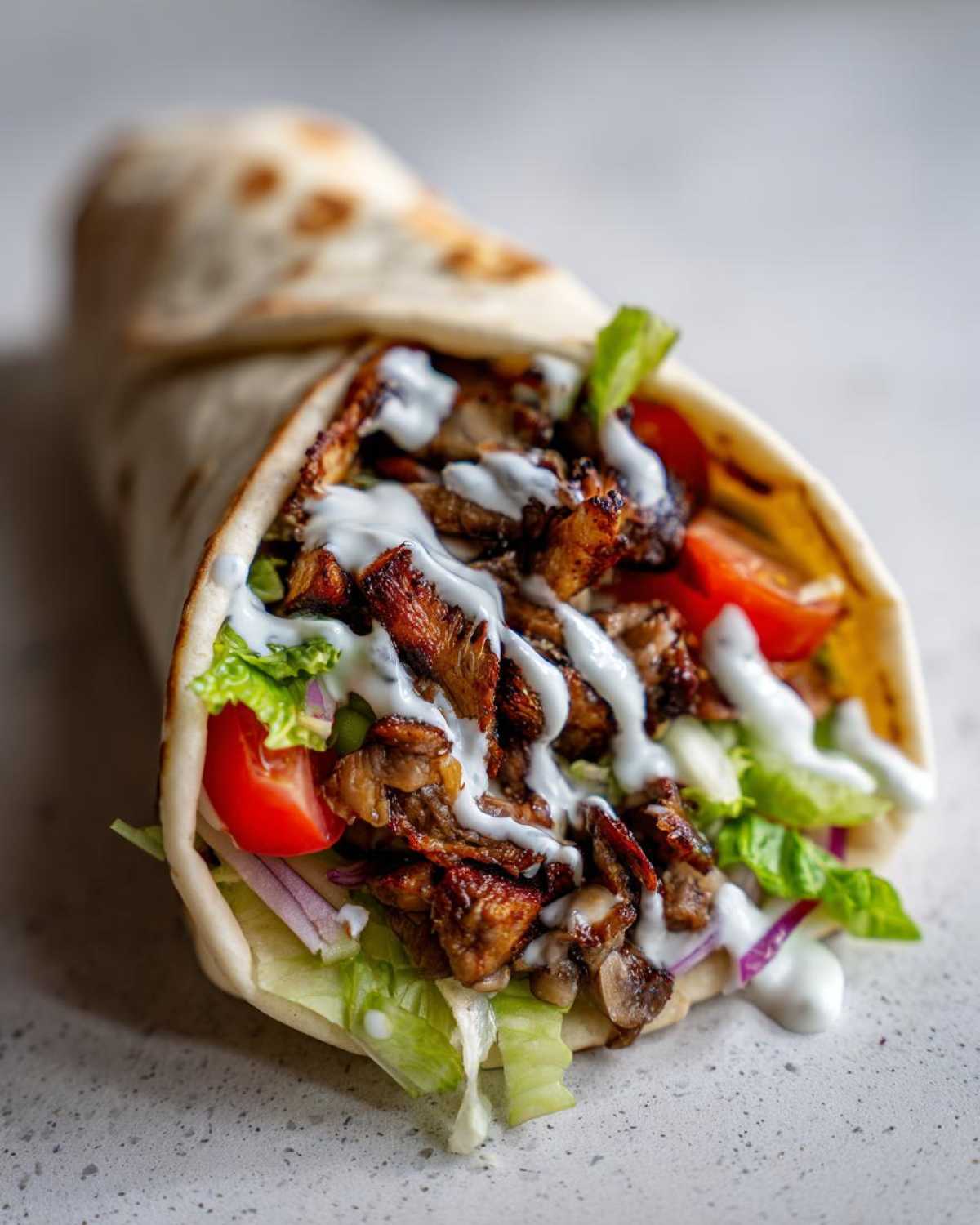 Close-up of a delicious Vegan Mushroom Shawarma wrap filled with seasoned mushrooms, lettuce, tomato, and drizzled with white sauce.