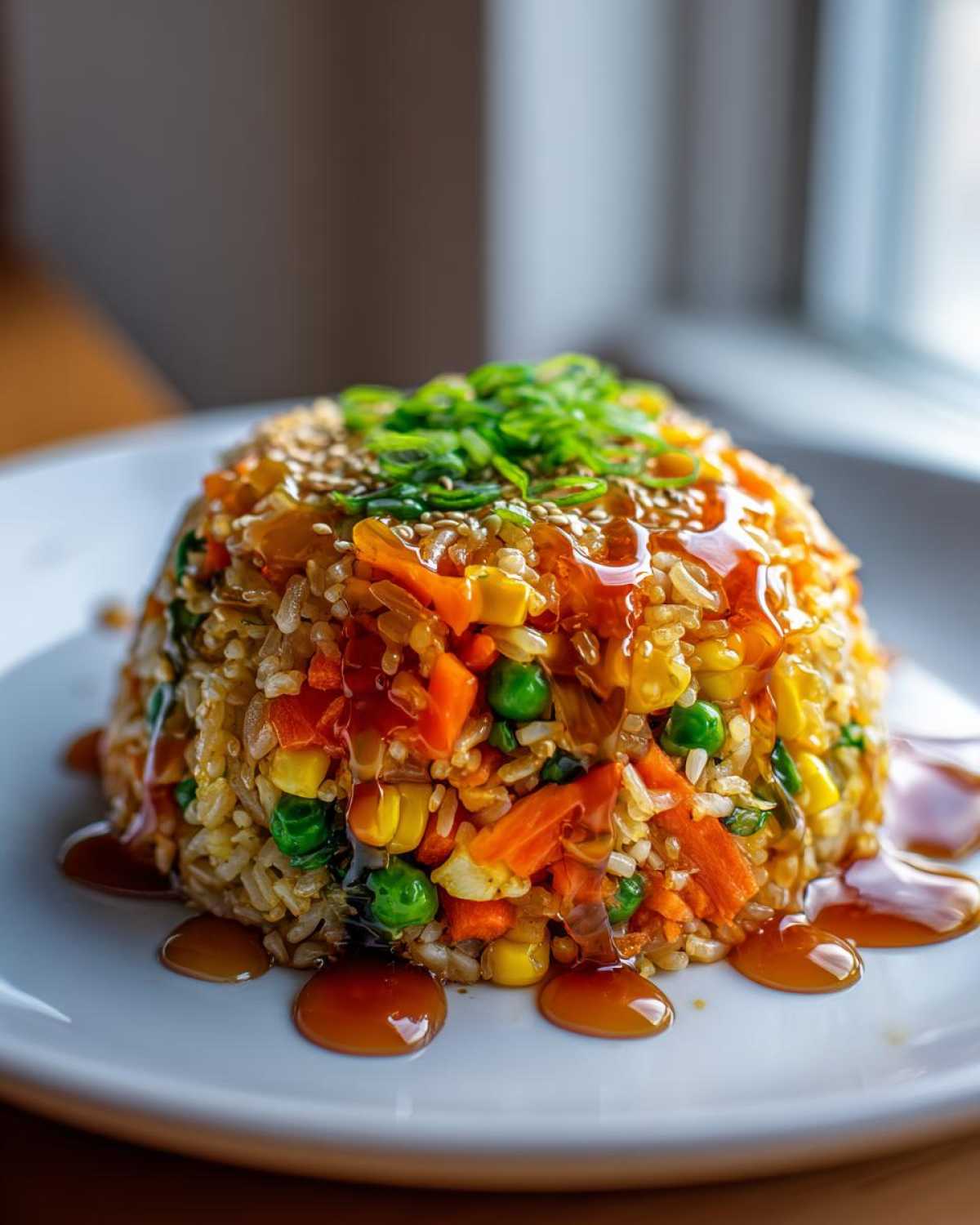 A perfectly molded serving of Vegetable Fried Rice with mixed vegetables, drizzled with sesame ginger sauce and topped with scallions.