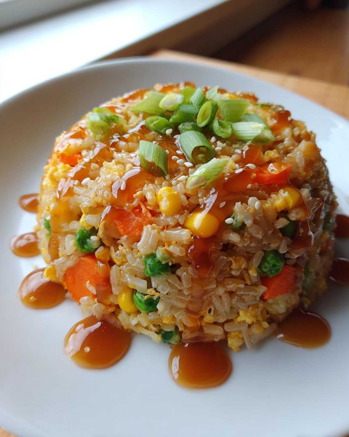 A molded serving of Vegetable Fried Rice with Sesame Ginger Sauce, topped with scallions and sesame seeds.