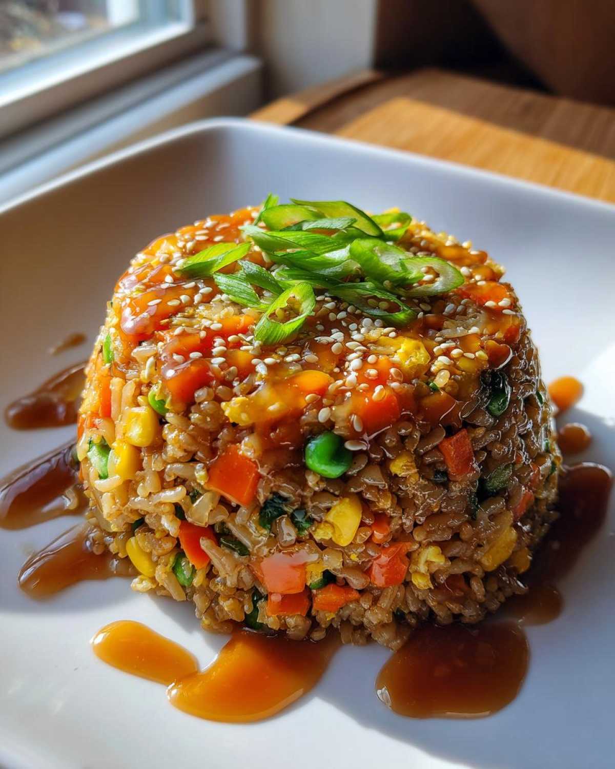 A molded serving of Vegetable Fried Rice with Sesame Ginger Sauce, topped with sesame seeds and green onions.