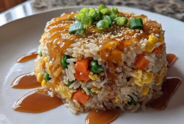 A molded serving of Vegetable Fried Rice with Sesame Ginger Sauce, topped with green onions and sesame seeds.