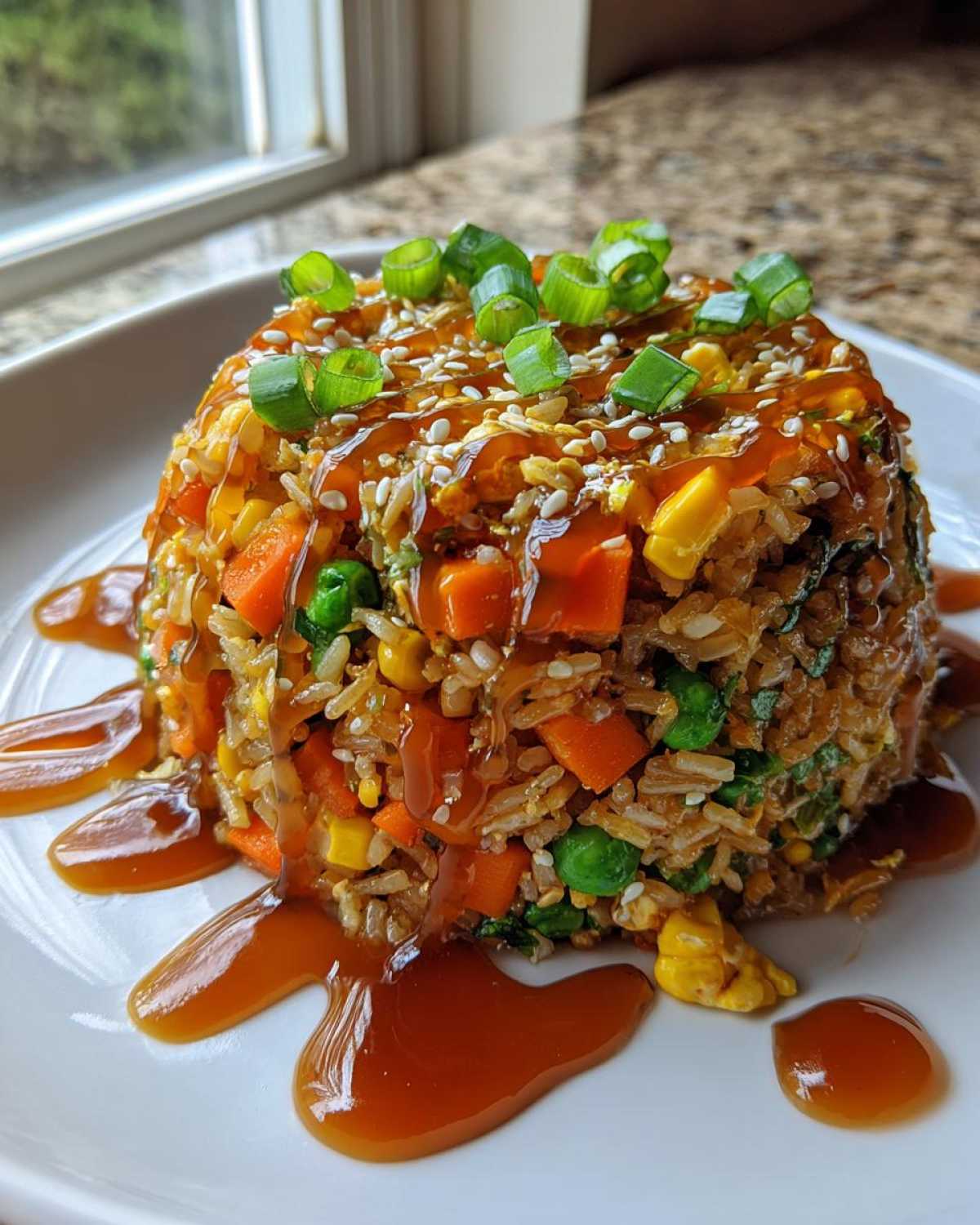 A molded serving of Vegetable Fried Rice with Sesame Ginger Sauce, topped with sesame seeds and green onions.