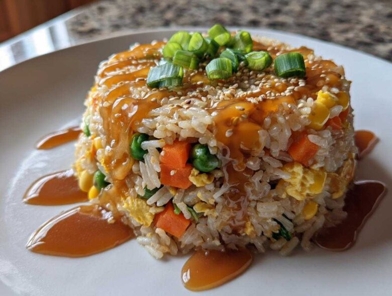 A molded serving of Vegetable Fried Rice with Sesame Ginger Sauce, topped with green onions and sesame seeds.