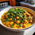 A vibrant bowl of Vegetarian Chickpea Curry with Coconut Milk topped generously with fresh chopped cilantro.