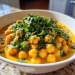 A close-up of a white bowl filled with rich, creamy Vegetarian Chickpea Curry with Coconut Milk, topped generously with fresh cilantro.