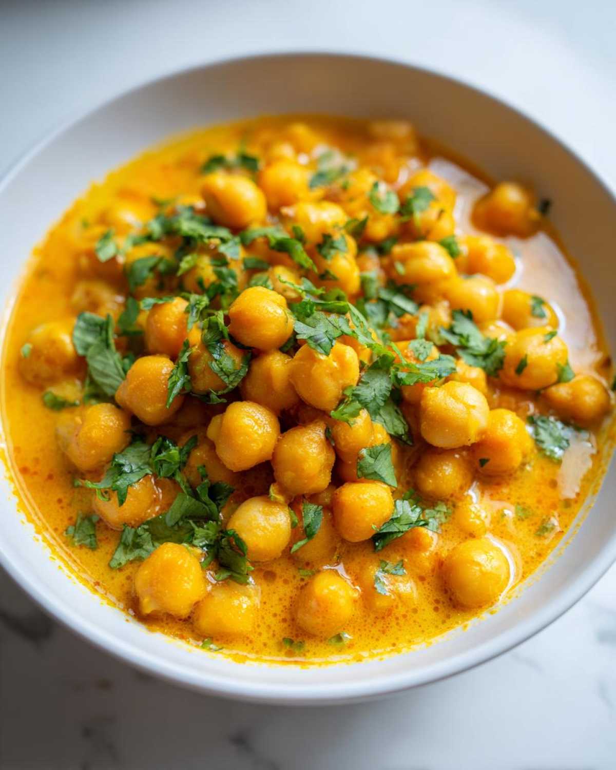 A close-up shot of a white bowl filled with rich, yellow Vegetarian Chickpea Curry with Coconut Milk, topped with fresh cilantro.