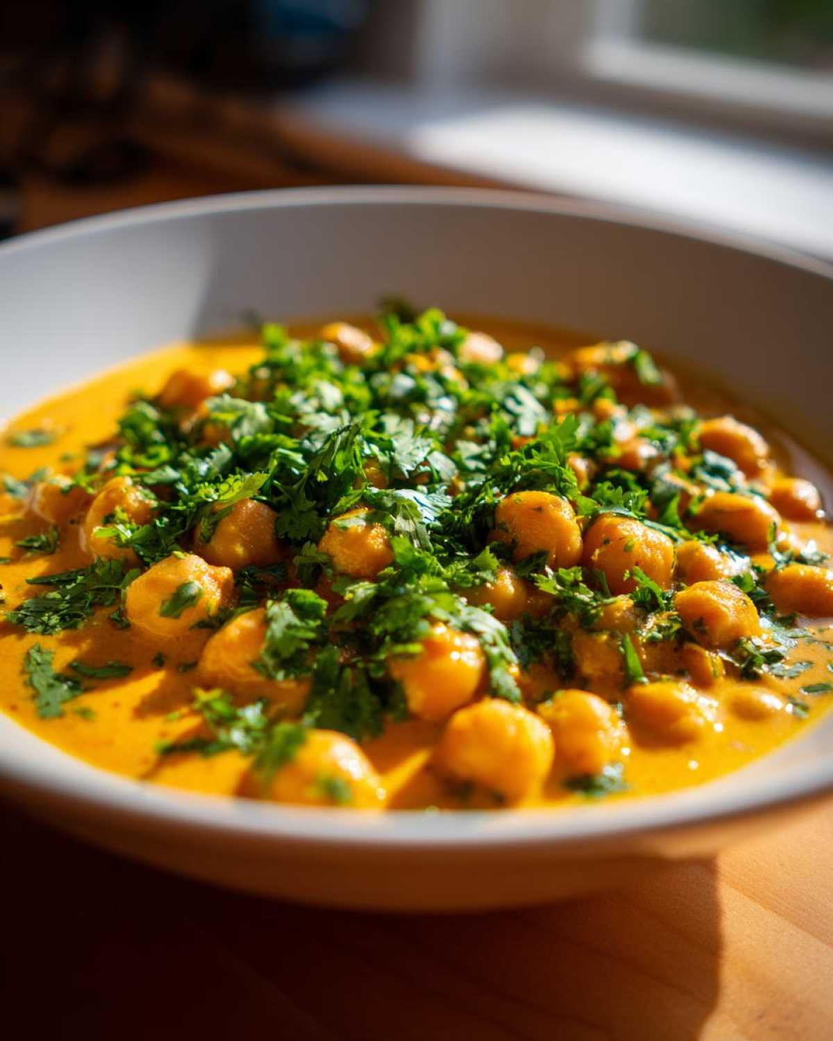 Close-up of a bowl of rich, orange Vegetarian Chickpea Curry with Coconut Milk, topped generously with fresh cilantro.