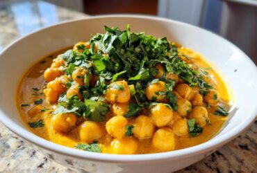 A close-up of a white bowl filled with rich, creamy Vegetarian Chickpea Curry with Coconut Milk, topped generously with fresh cilantro.