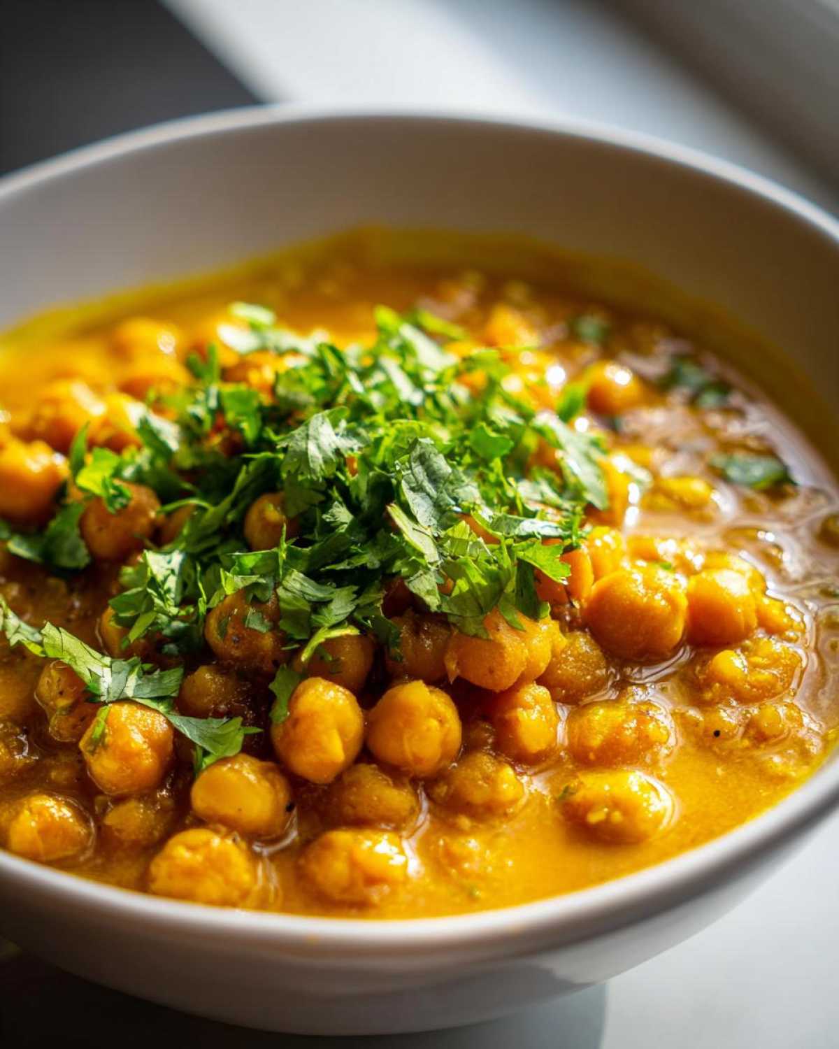 A close-up of a white bowl filled with rich, yellow Vegetarian Chickpea Curry with Coconut Milk, topped with fresh cilantro.
