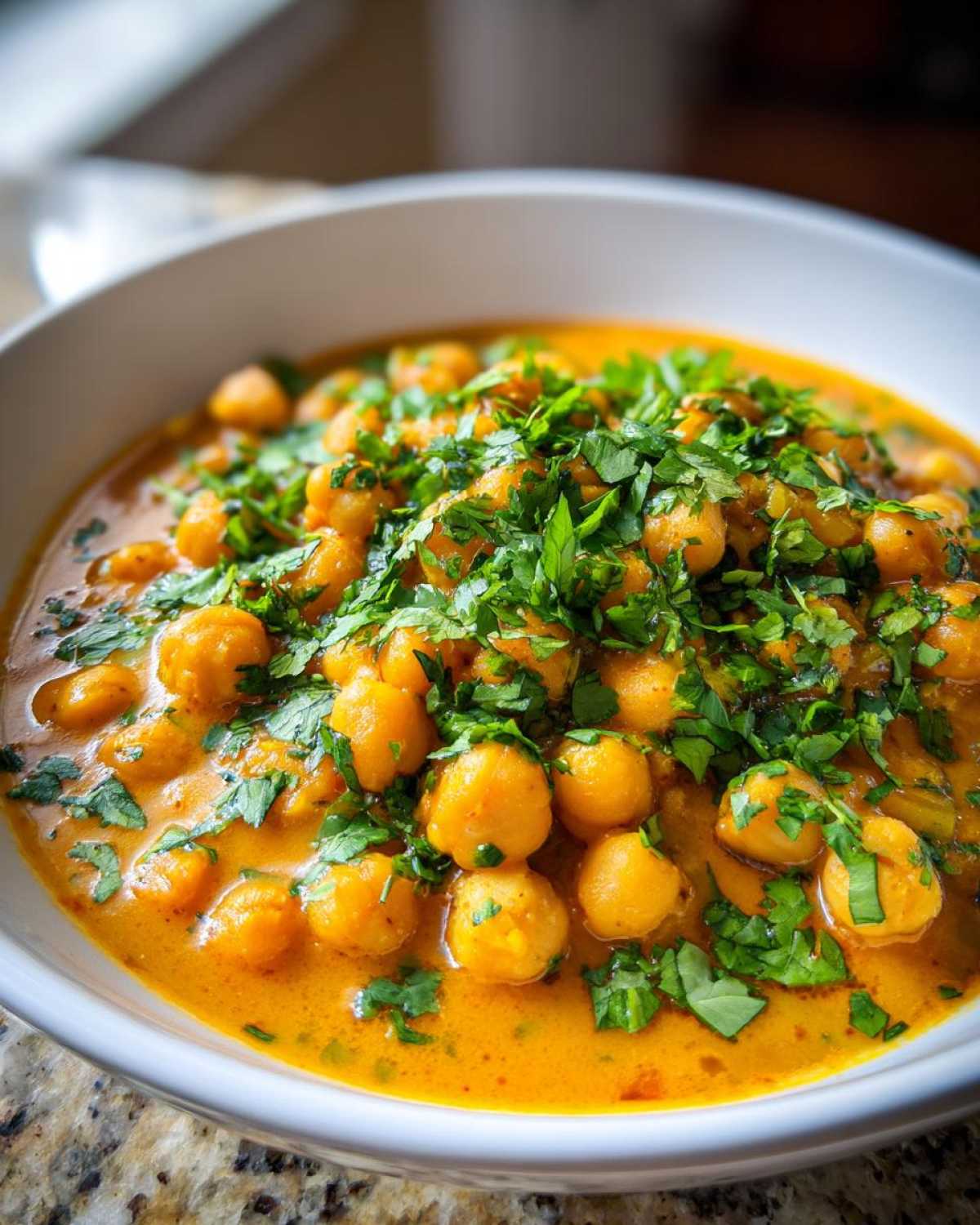 A close-up of a white bowl filled with rich, orange Vegetarian Chickpea Curry with Coconut Milk, topped generously with fresh chopped cilantro.