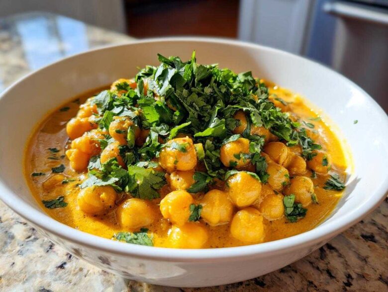 A close-up of a white bowl filled with rich, creamy Vegetarian Chickpea Curry with Coconut Milk, topped generously with fresh cilantro.