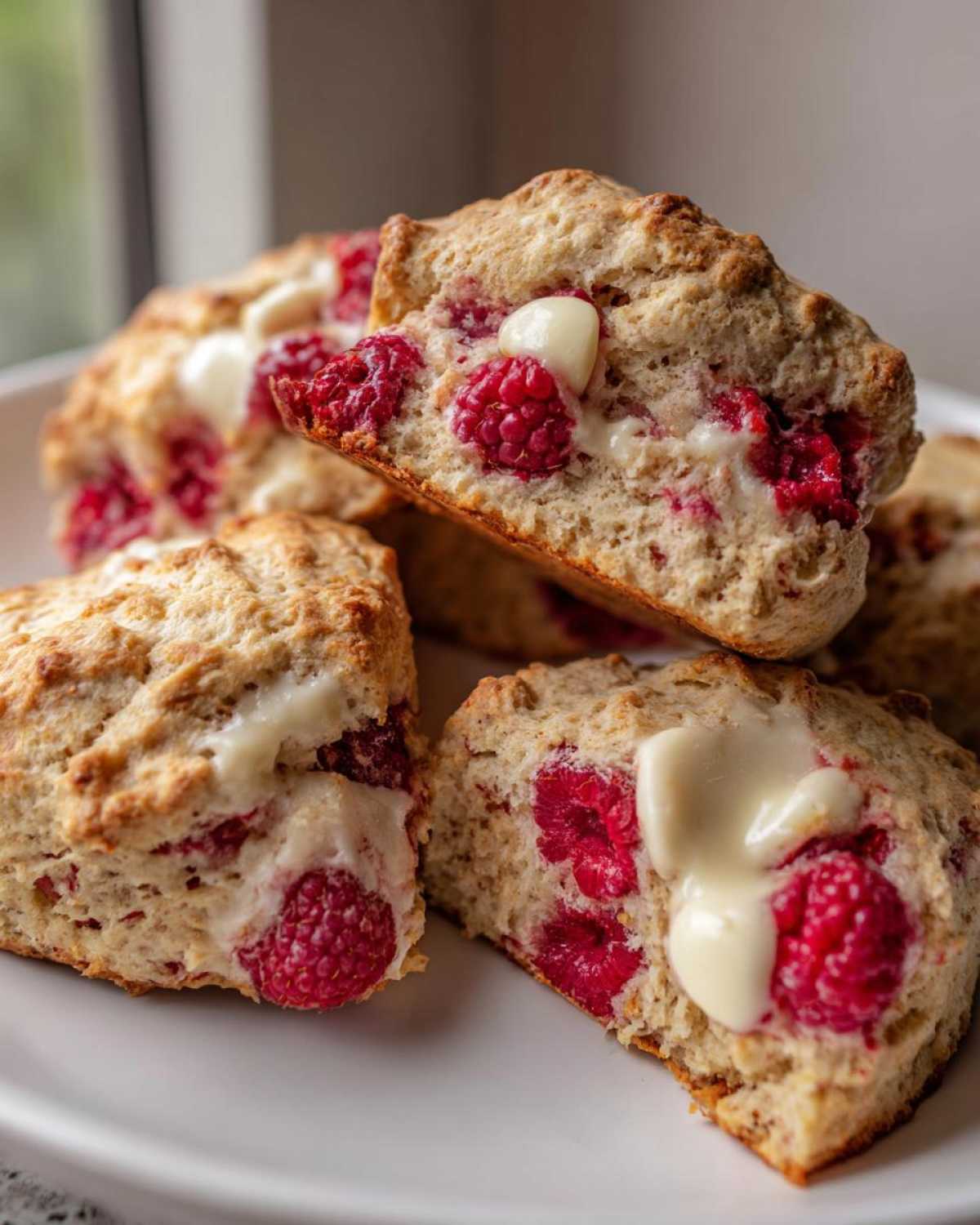 Close-up of freshly baked White Chocolate Raspberry Scones cut open, showing bright red raspberries and melted white chocolate.