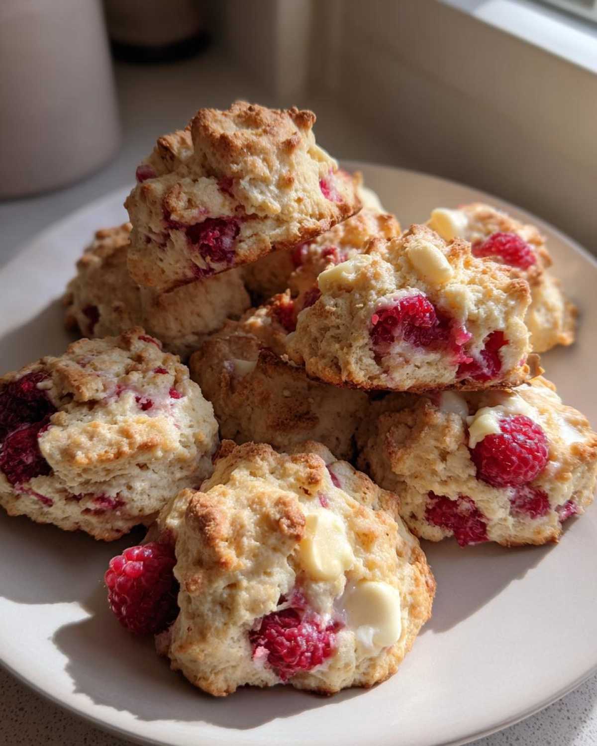 A stack of freshly baked White Chocolate Raspberry Scones studded with bright red raspberries and chunks of white chocolate.