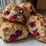 A close-up stack of freshly baked White Chocolate Raspberry Scones showing bright red raspberries and melted white chocolate chunks.