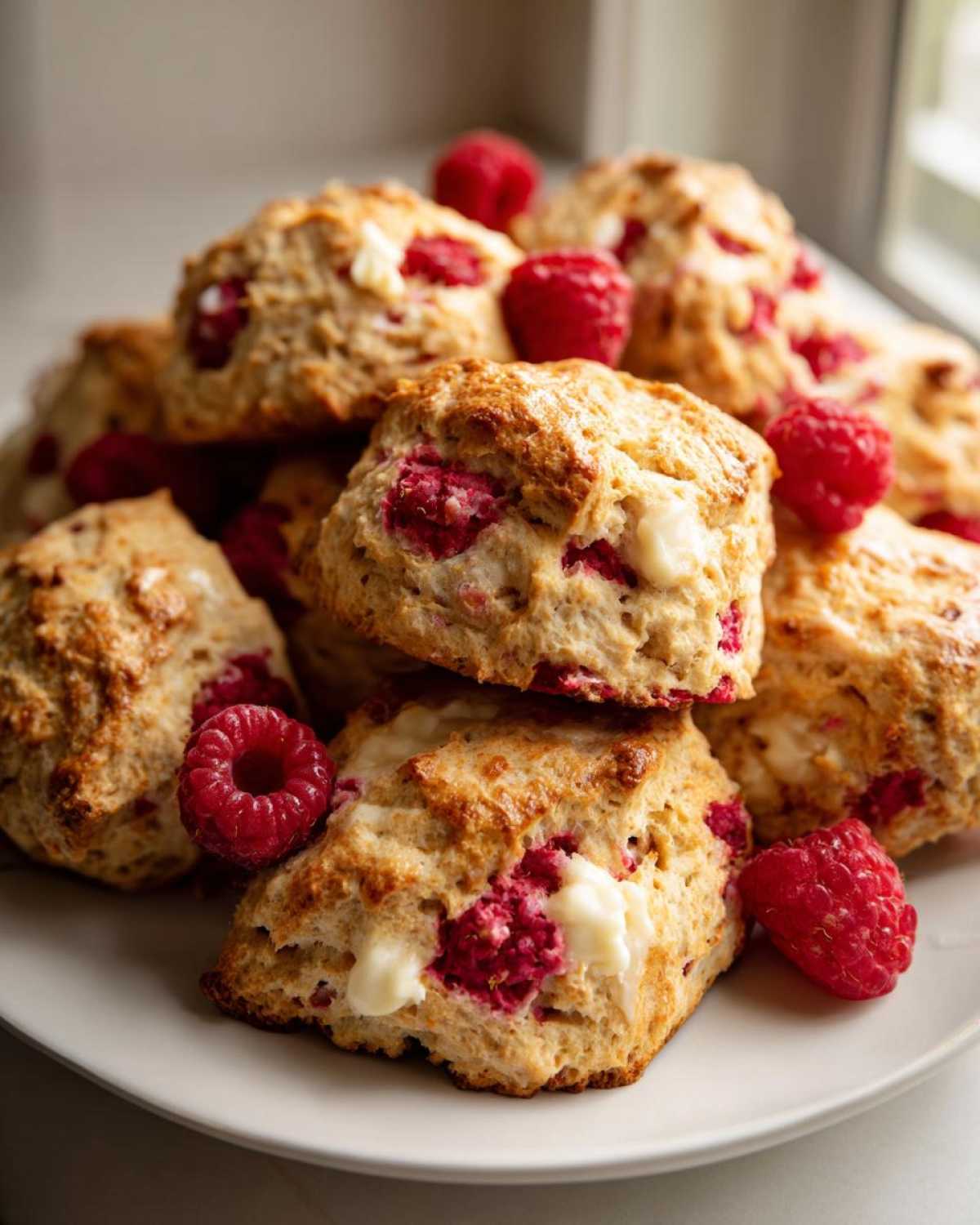 A close-up stack of golden baked White Chocolate Raspberry Scones studded with bright red raspberries and melted white chocolate chunks.