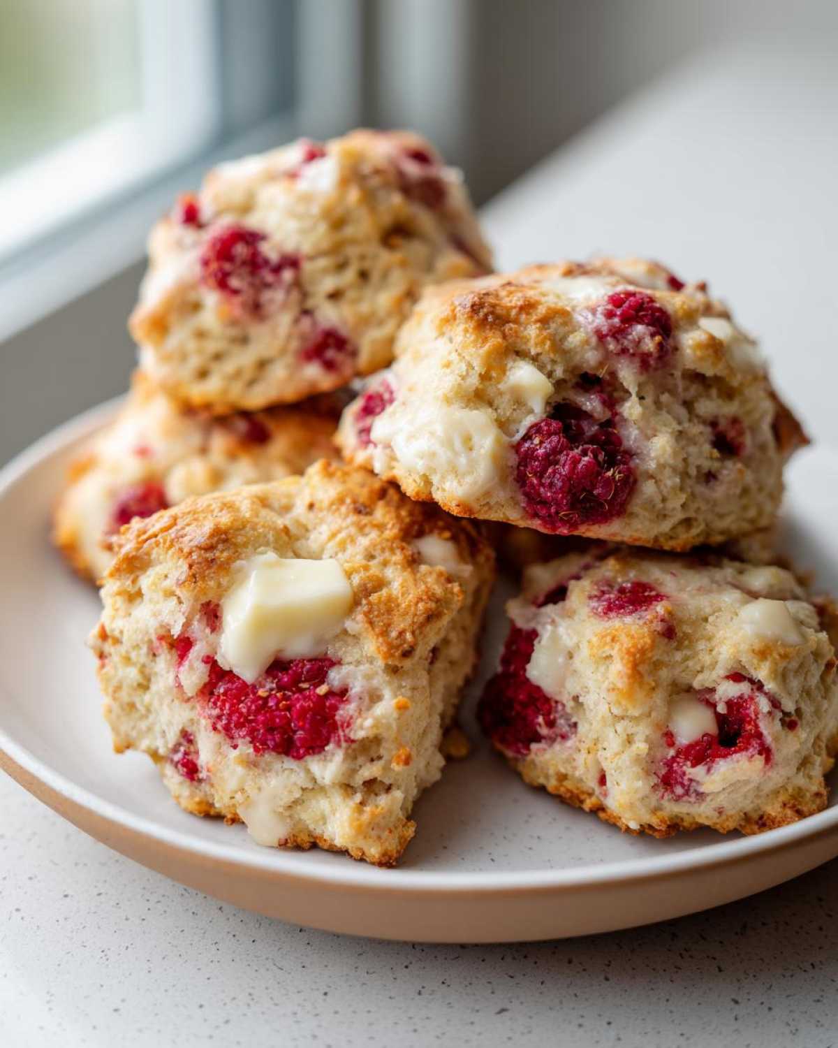 A close-up stack of freshly baked White Chocolate Raspberry Scones featuring visible white chocolate chunks and bright red raspberries.