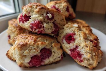 A close-up stack of freshly baked White Chocolate Raspberry Scones showing bright red raspberries and melted white chocolate chunks.