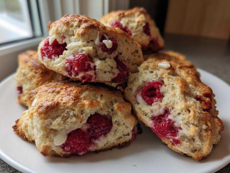A close-up stack of freshly baked White Chocolate Raspberry Scones showing bright red raspberries and melted white chocolate chunks.