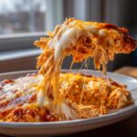 A serving of hot Baked Buffalo Chicken Dip being lifted, showing extreme cheese pull with shredded chicken.
