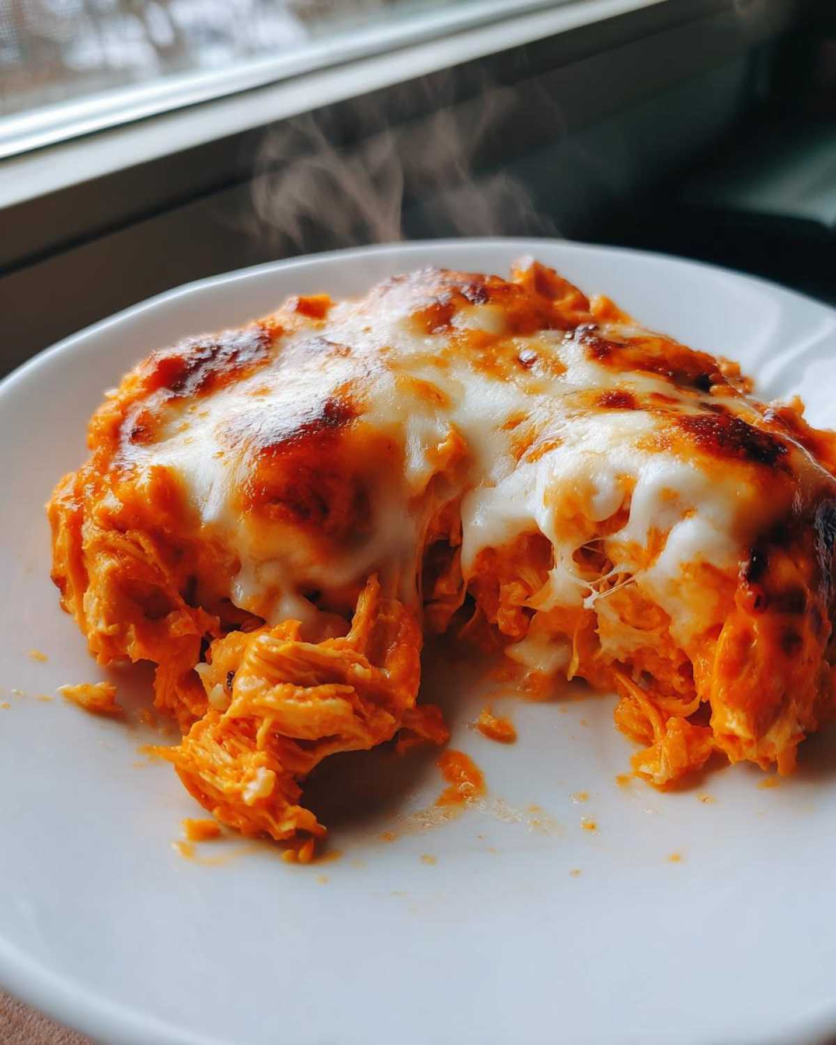 A serving of steaming hot Baked Buffalo Chicken Dip with shredded chicken coated in orange sauce and topped with browned, melted mozzarella cheese.