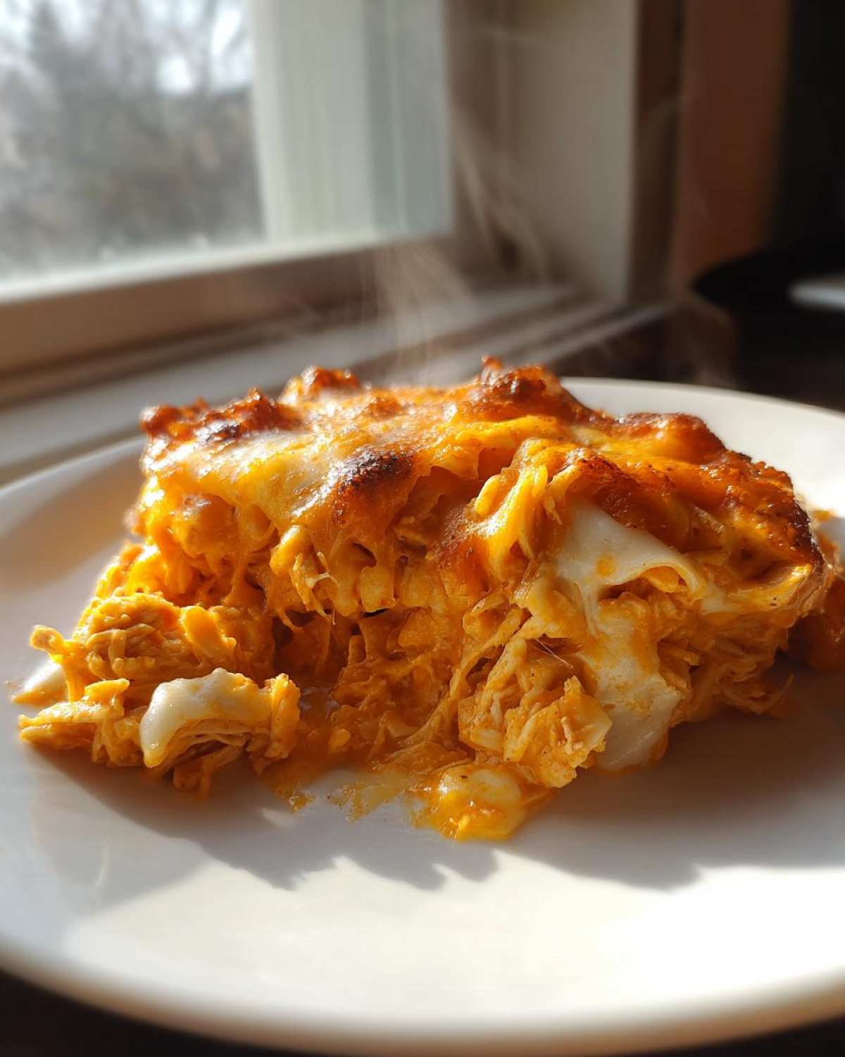 A steaming scoop of rich, orange Baked Buffalo Chicken Dip with a browned, cheesy top, served on a white plate.