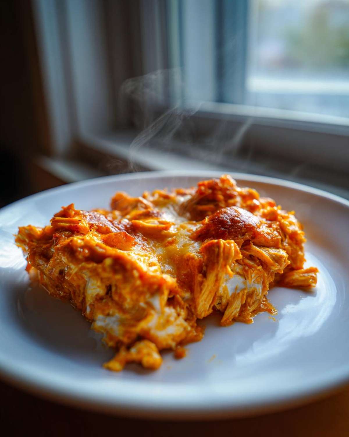 A serving of hot, steaming Baked Buffalo Chicken Dip with shredded chicken and melted cheese on a white plate.