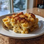 A generous serving of Cheesy Baked Chicken Alfredo with Crispy Top on a white plate, featuring creamy pasta and a browned crust.