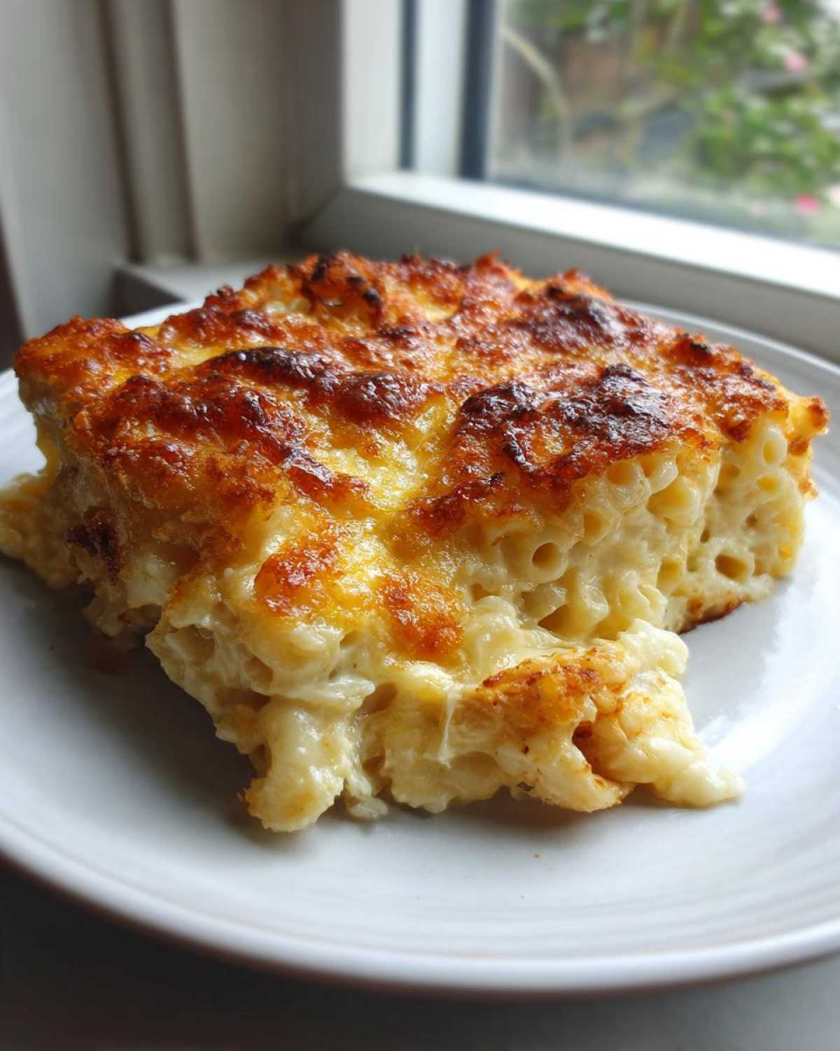 A close-up serving of Cheesy Baked Chicken Alfredo with Crispy Top, showing creamy pasta and a golden-brown crust.