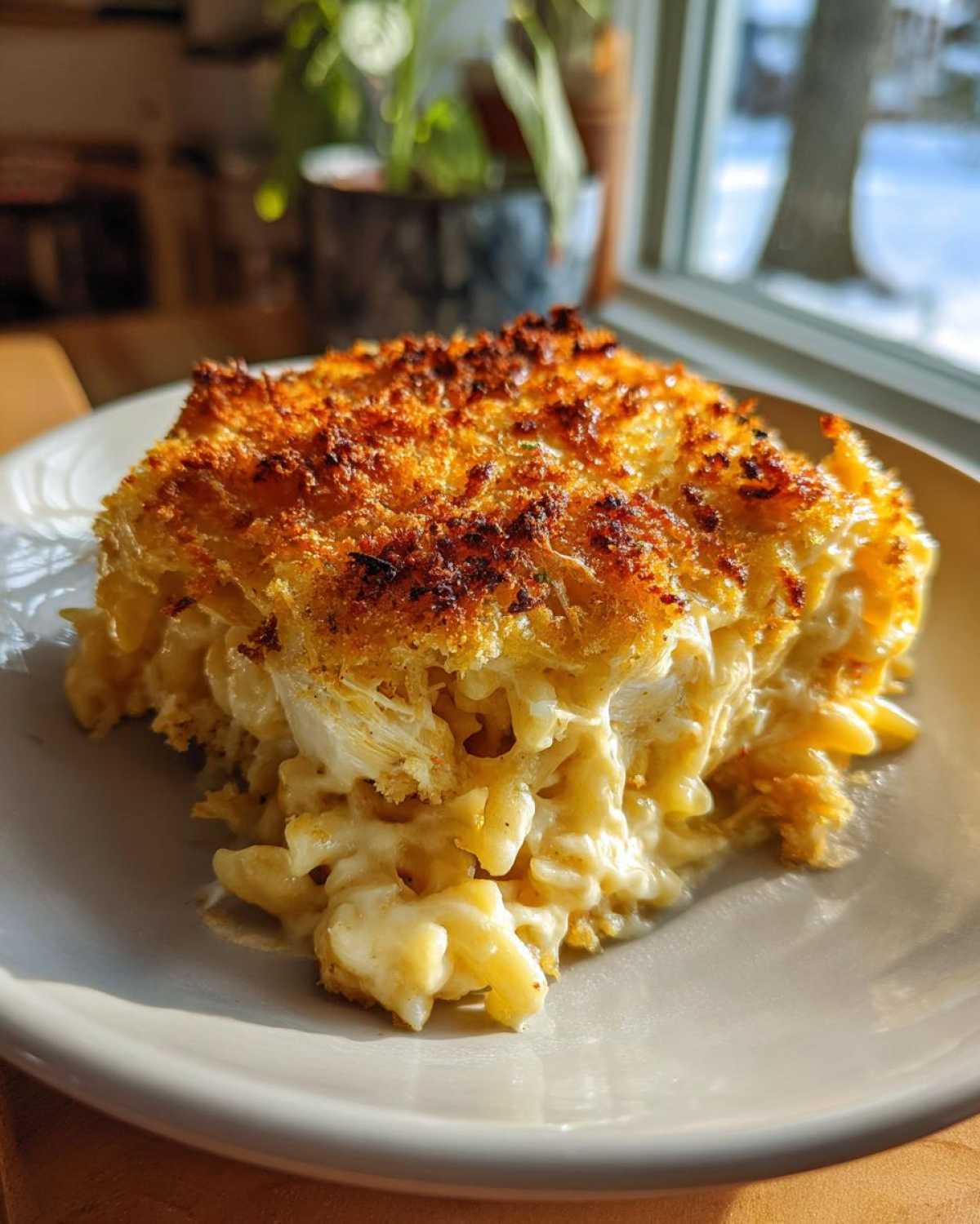 A generous serving of Cheesy Baked Chicken Alfredo with Crispy Top, showing creamy pasta and shredded chicken beneath a browned crust.