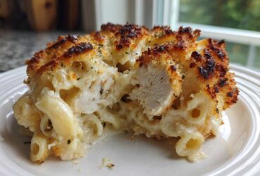A close-up of Cheesy Baked Chicken Alfredo with Crispy Top, showing creamy pasta, chicken pieces, and a golden-brown crust.