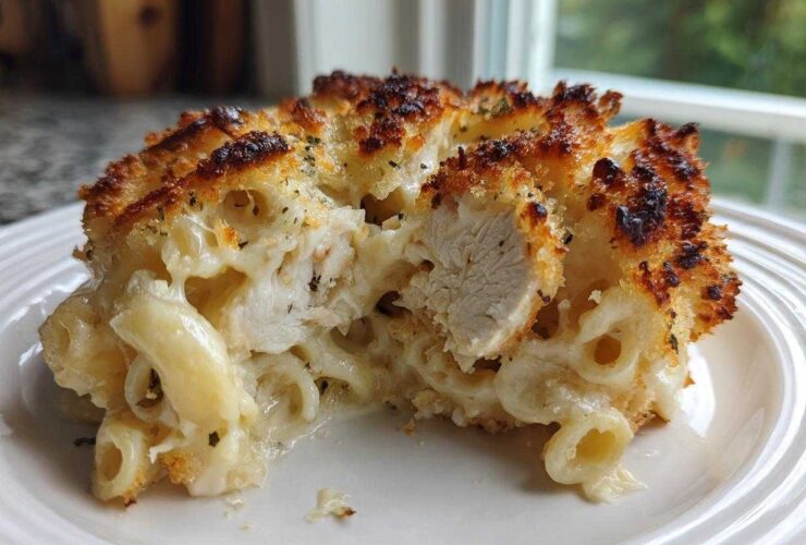 A close-up of Cheesy Baked Chicken Alfredo with Crispy Top, showing creamy pasta, chicken pieces, and a golden-brown crust.