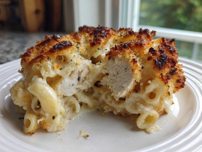 A close-up of Cheesy Baked Chicken Alfredo with Crispy Top, showing creamy pasta, chicken pieces, and a golden-brown crust.