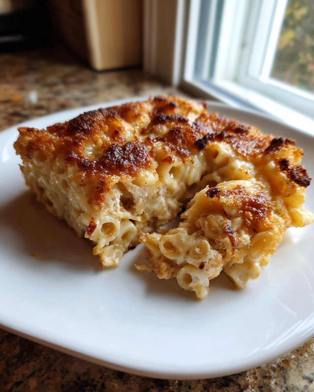 A serving of Cheesy Baked Chicken Alfredo with Crispy Top, showing creamy pasta and a browned crust.