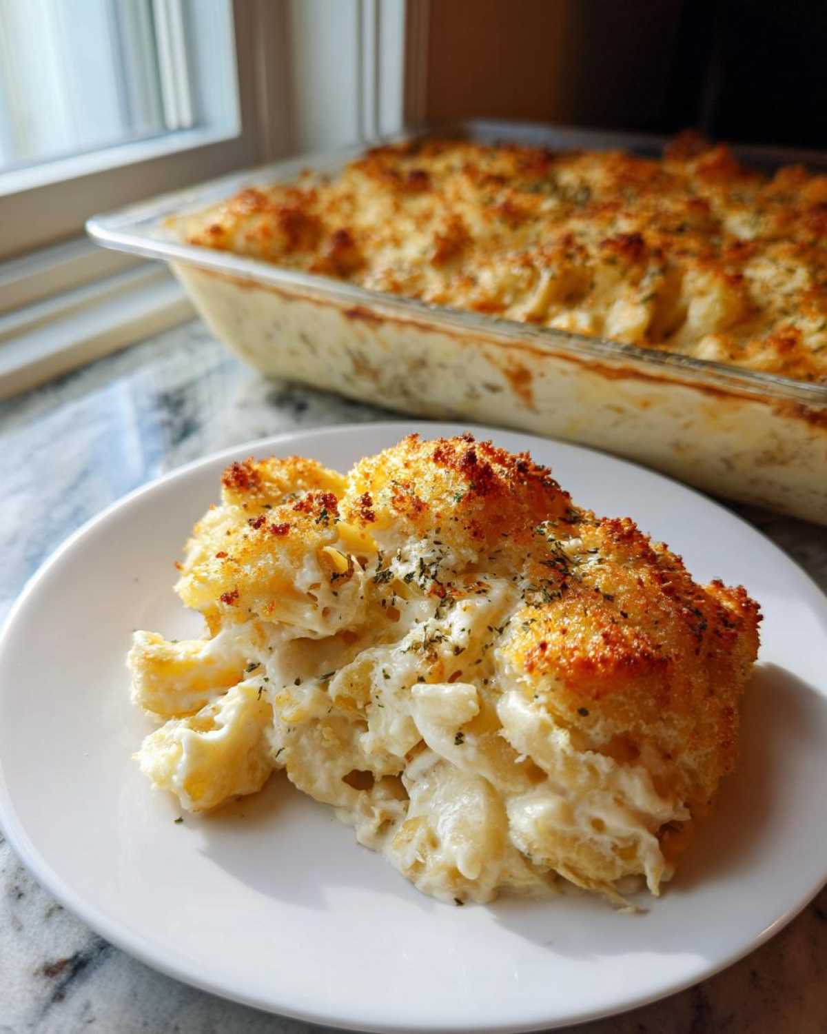A serving of Cheesy Baked Chicken Alfredo with Crispy Top on a white plate, showing creamy pasta and a golden breadcrumb crust.