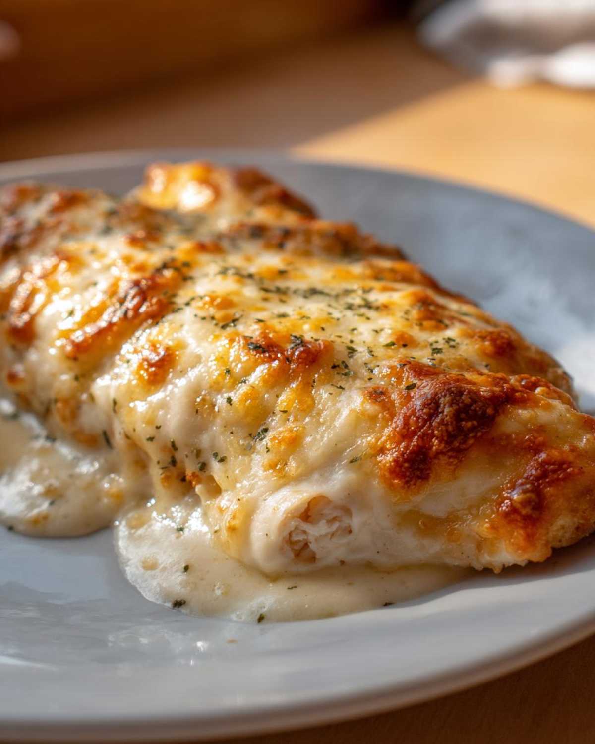 Close-up of Cheesy Baked Chicken with Cream Sauce, featuring golden-brown melted cheese and creamy sauce.