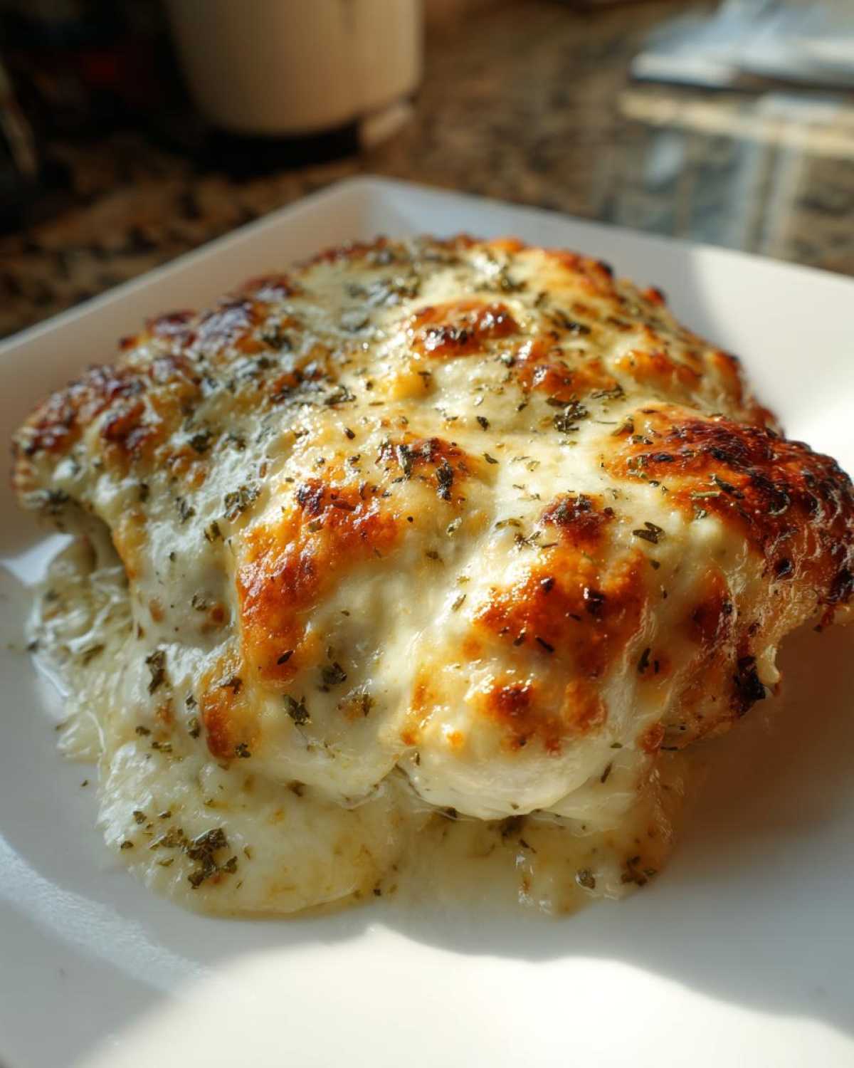 A golden-brown, cheesy baked chicken with cream sauce, topped with herbs, served on a white plate.