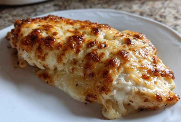 A close-up of a single serving of Cheesy Baked Chicken with Cream Sauce, topped with bubbly, browned cheese.