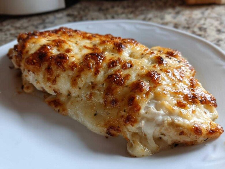 A close-up of a single serving of Cheesy Baked Chicken with Cream Sauce, topped with bubbly, browned cheese.