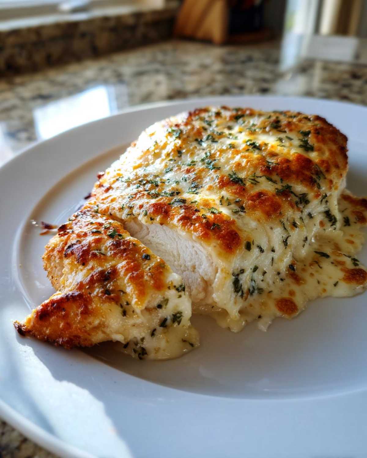 A cross-section of Cheesy Baked Chicken with Cream Sauce, showing moist white meat covered in melted, browned cheese and herbs.