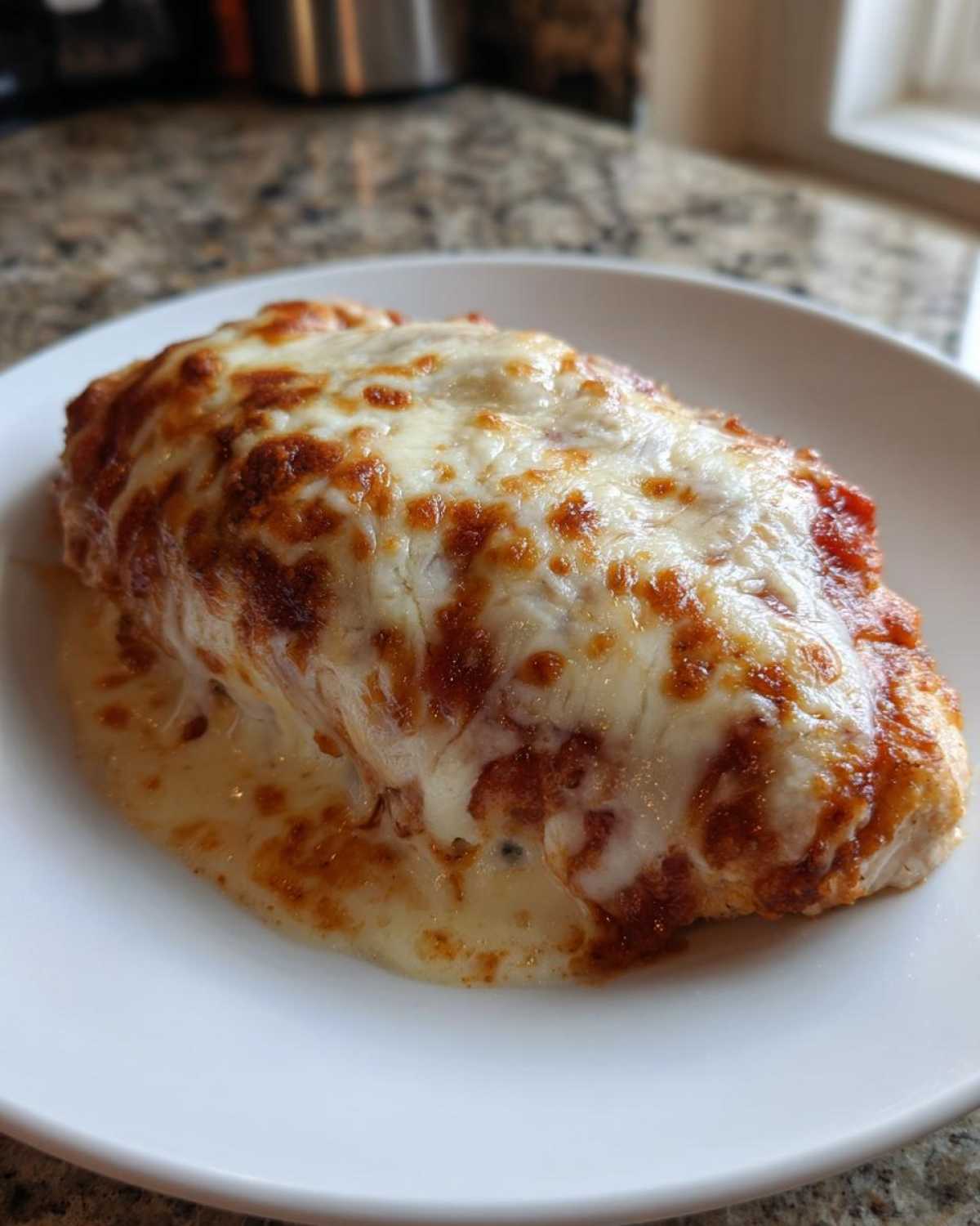 A single serving of Cheesy Baked Chicken with Cream Sauce topped with melted, browned mozzarella and tomato sauce.
