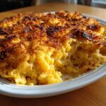 A scoop taken out of Cheesy Baked Mac and Cheese showing creamy interior and dark, crispy topping.