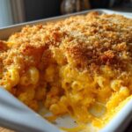 Close-up of Cheesy Baked Mac and Cheese with a golden, crispy breadcrumb topping being served from a white baking dish.