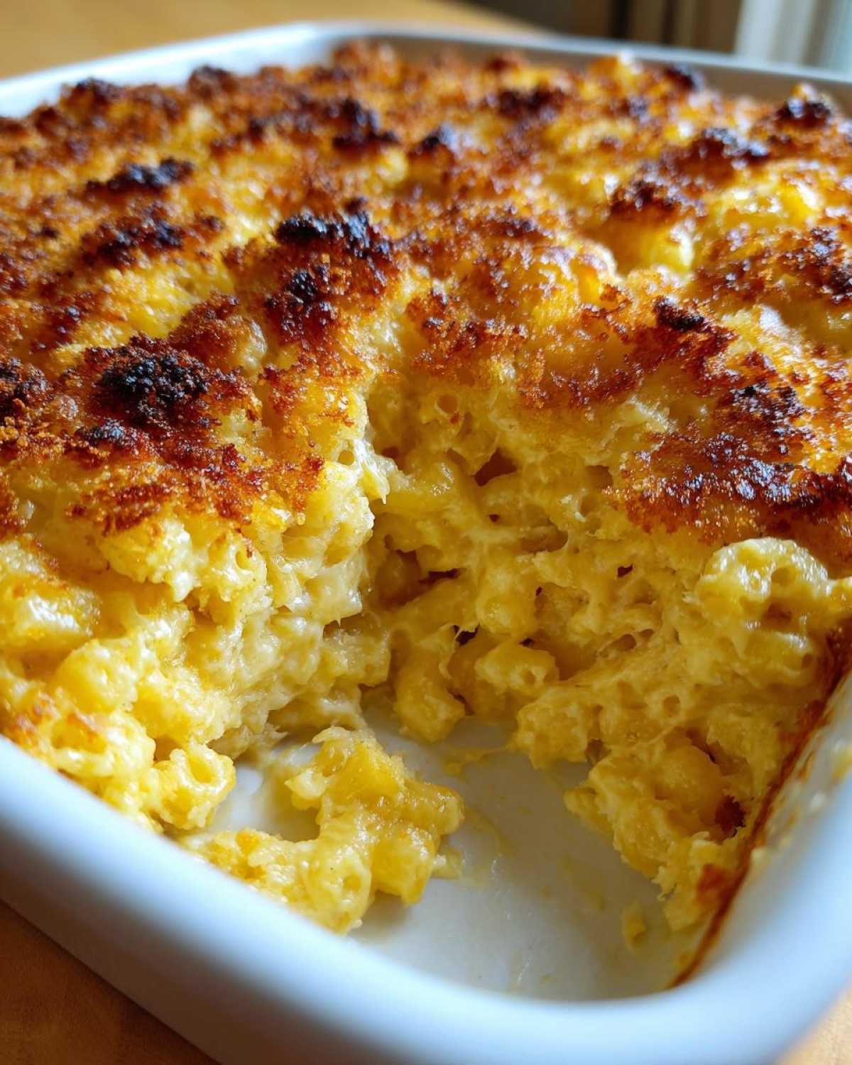 Close-up of Cheesy Baked Mac and Cheese showing creamy interior and dark, crispy breadcrumb topping.