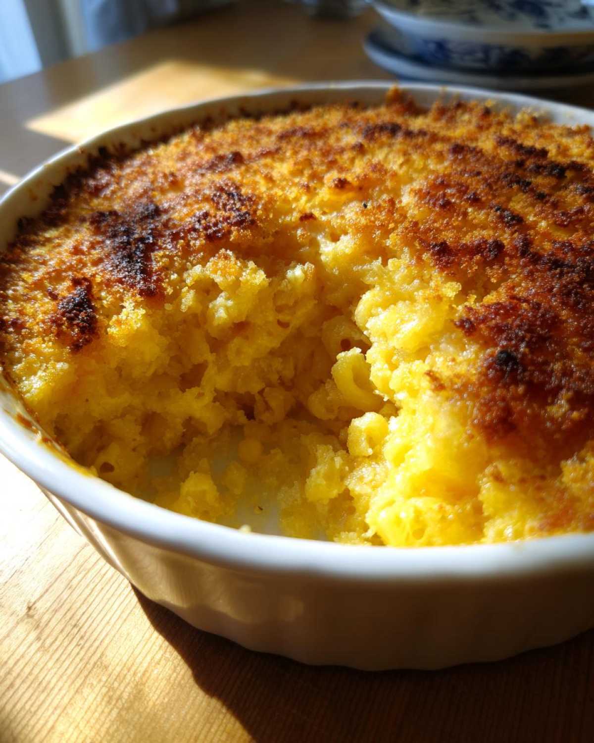 A close-up of Cheesy Baked Mac and Cheese in a white dish, showing a scoop removed to reveal the creamy interior and crispy topping.