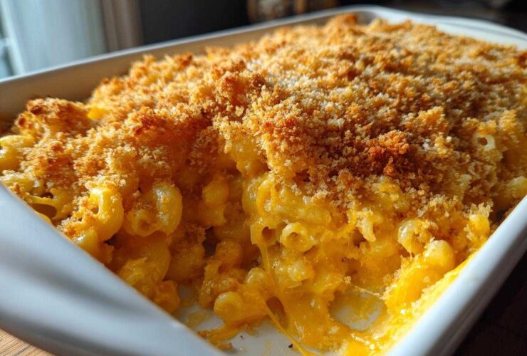 Close-up of Cheesy Baked Mac and Cheese with a golden, crispy breadcrumb topping being served from a white baking dish.