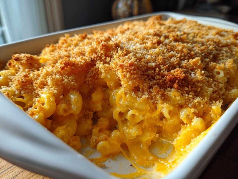 Close-up of Cheesy Baked Mac and Cheese with a golden, crispy breadcrumb topping being served from a white baking dish.