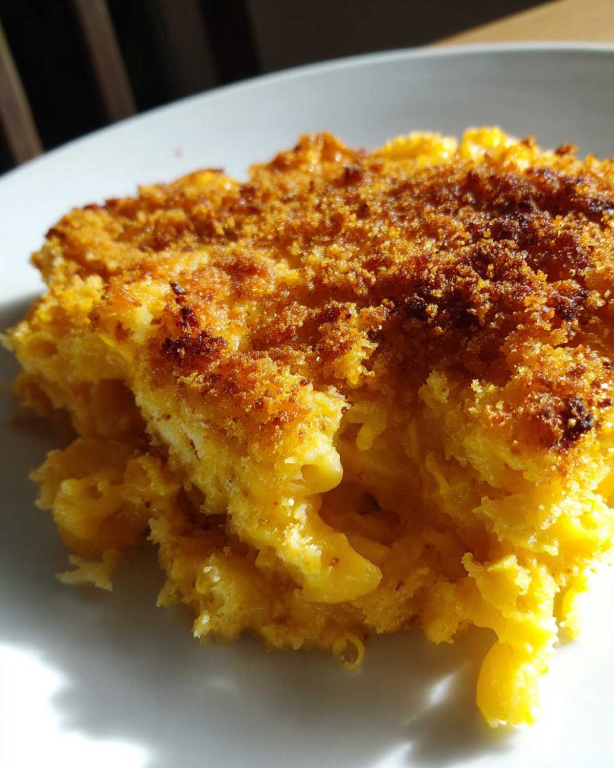 Close-up of a serving of Cheesy Baked Mac and Cheese showing creamy pasta and a golden, crispy breadcrumb top.