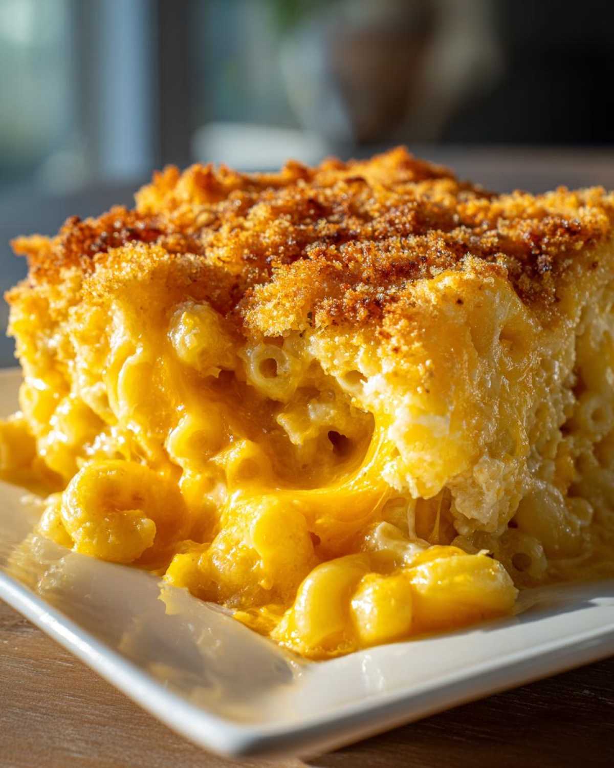 A decadent serving of Cheesy Baked Mac and Cheese with a gooey interior and golden crispy top.