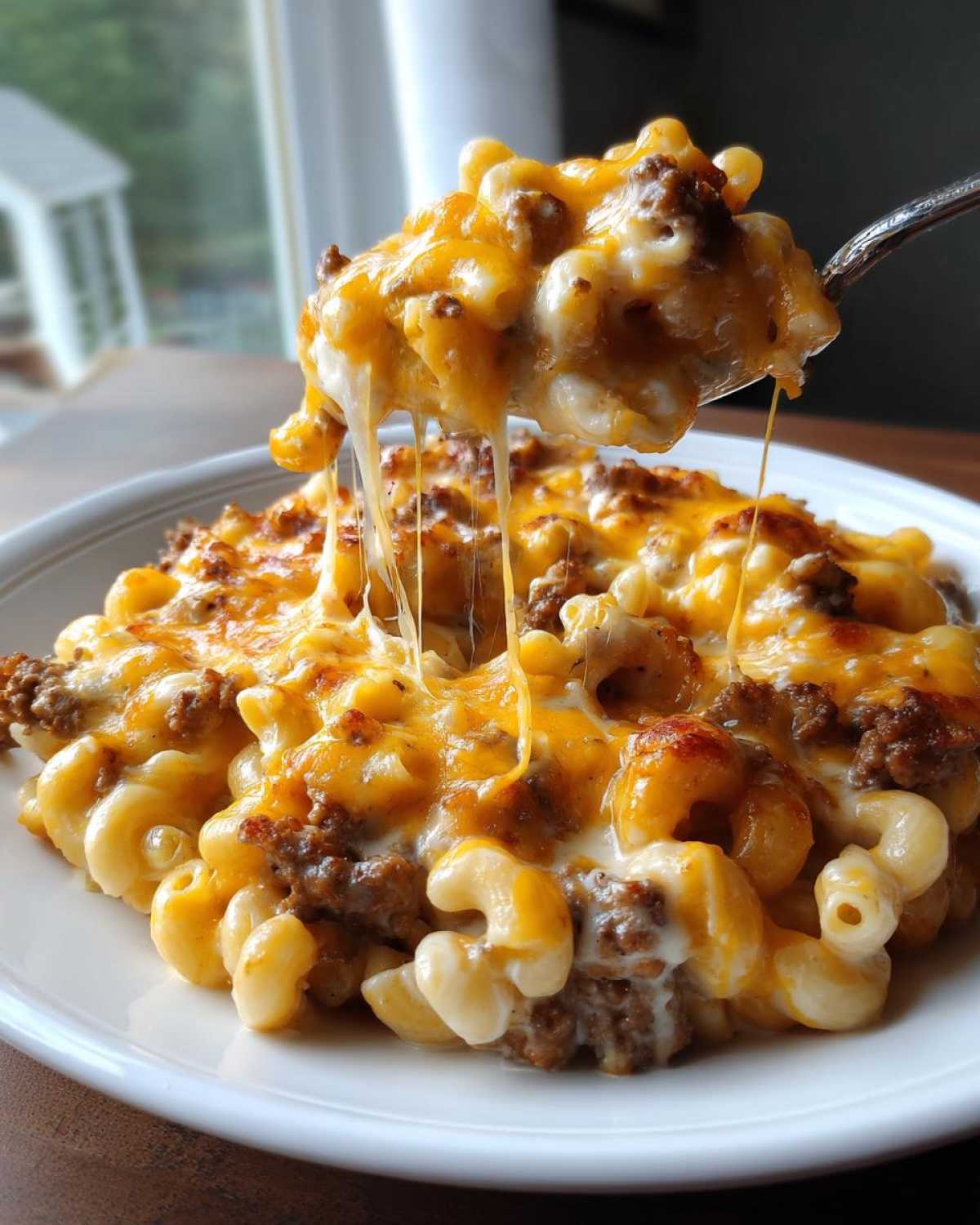 A spoonful being lifted from a plate of Cheesy Beef Pasta Bake with Cream Sauce, showing long, gooey cheese pulls.